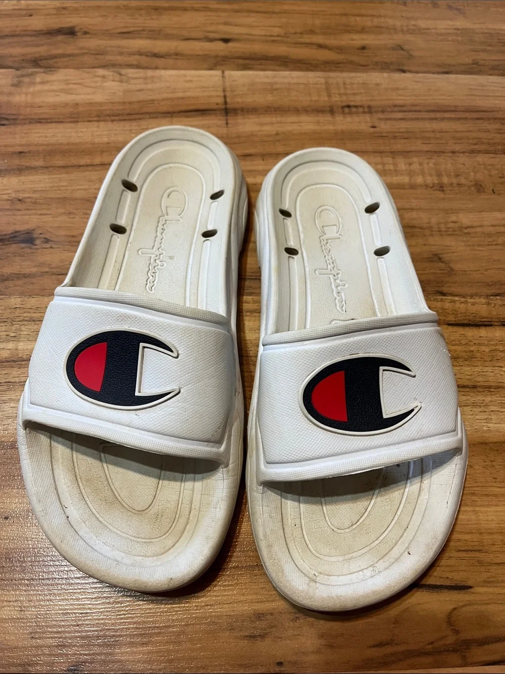 Champion White youth Slide Sandals with Red & Black Logo